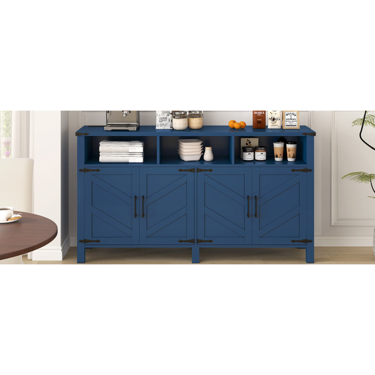variant-group:rf-n711p347407v|Roomfitters 59" Sideboard Buffet Cabinet with 4 Door & Open Storage, Modern Farmhouse Industrial Coffee Bar Station, Navy Blue