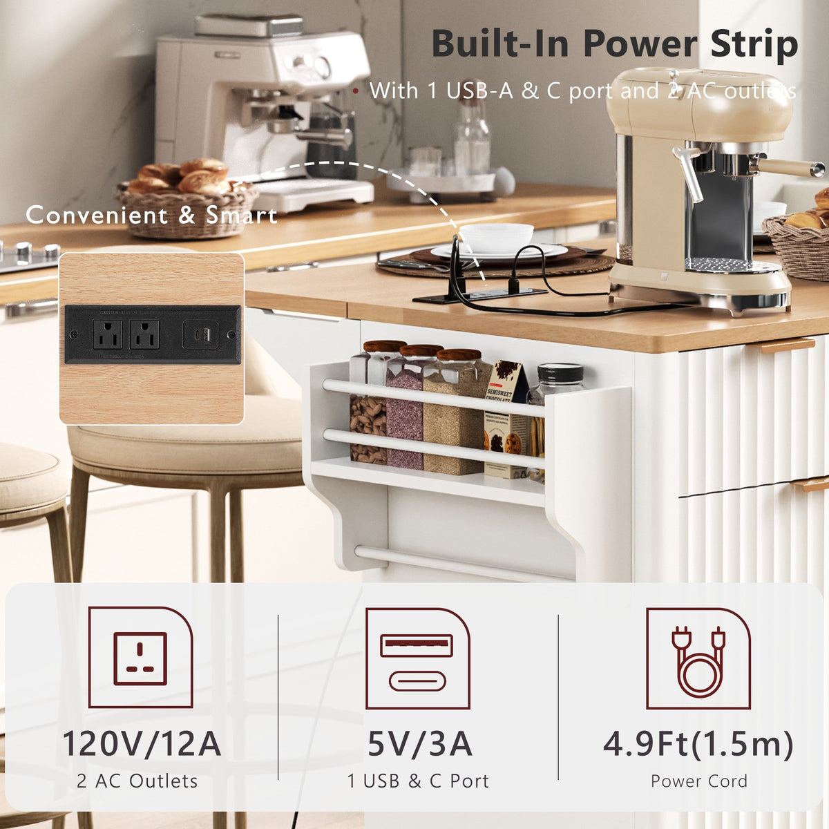 Roomfitters 55.5" Kitchen Island with Power Outlet and Drop Leaf, Rolling Storage Cabinet with Fluted Door Design, White