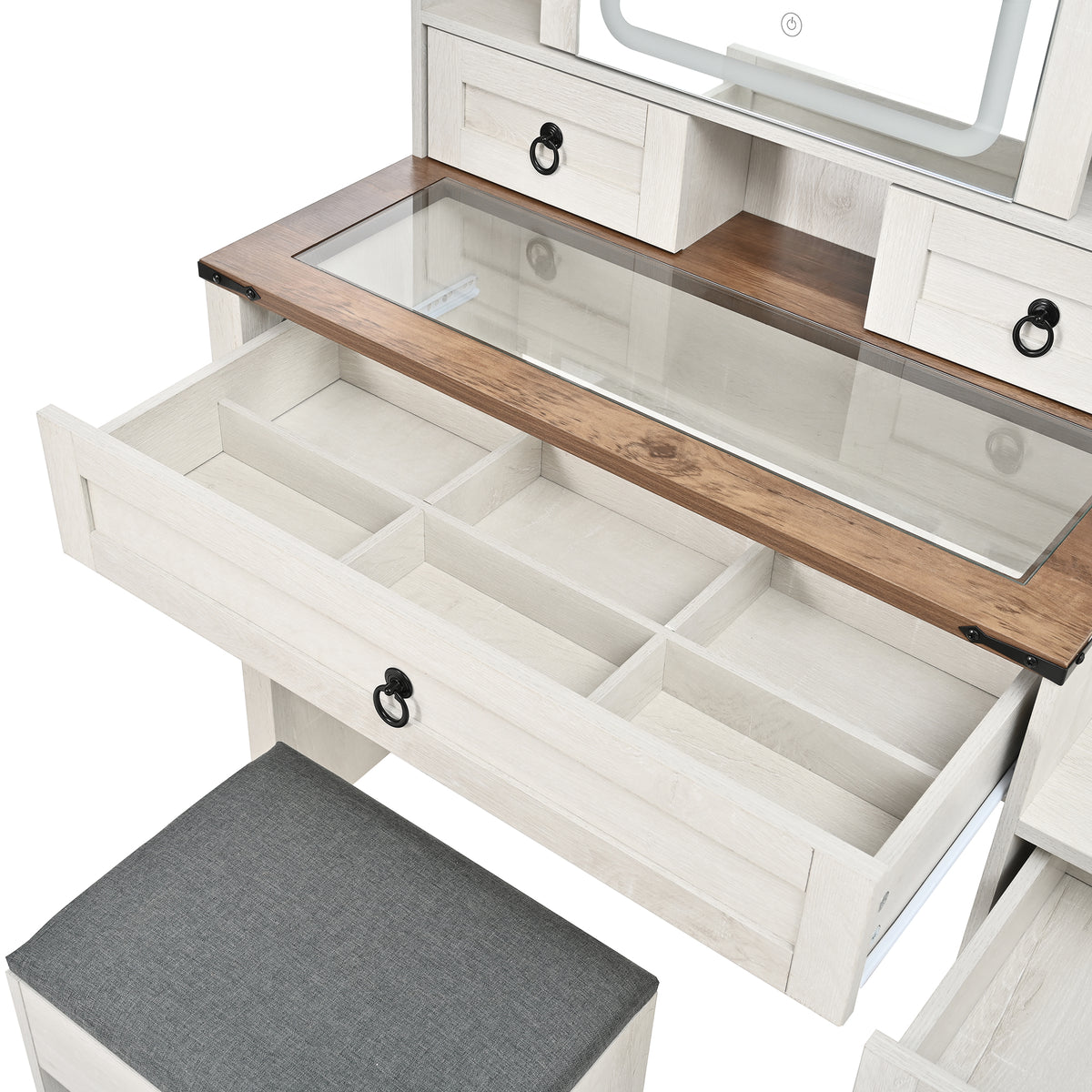 variant-group:rf-n733p340562k|Roomfitters Farmhouse Vanity Desk with Sliding Mirror & Lights, Glass Top, Charging Station, 4 Drawers, 2 Cabinets, Stool, White