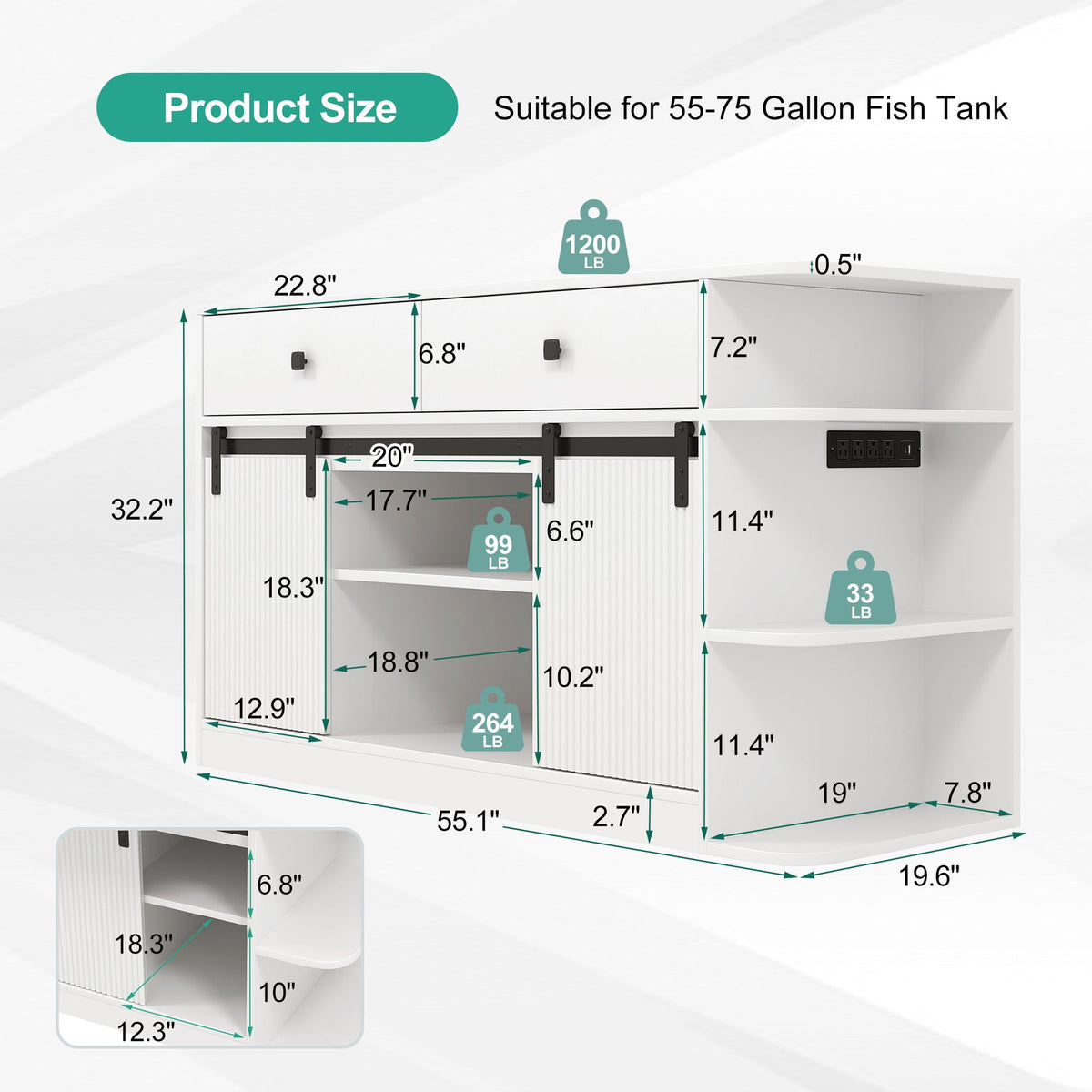 Roomfitters 75 Gallon Fish Tank Stand with Smart App RGB LED Lights Sliding Fluted Doors and Power Outlets White Roomfitters