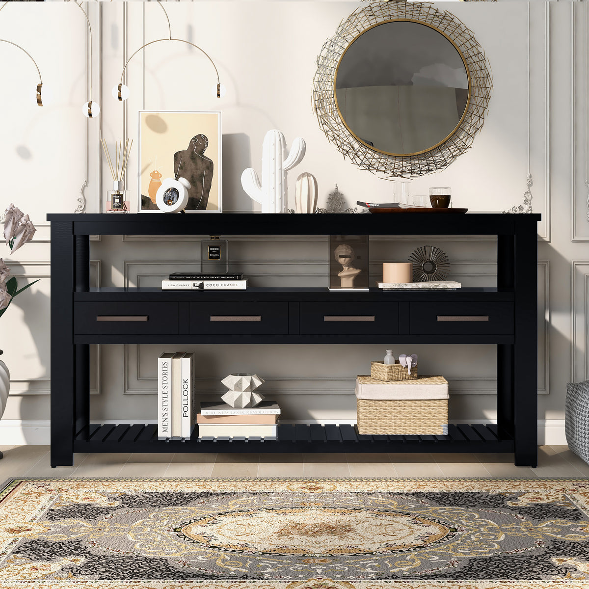 variant-group:rf-n711p410406b|Roomfitters 61.5" Entryway Table with 4 Drawers, 3-Tier Console Sofa Table with Open Shelves for Hallway, Black
