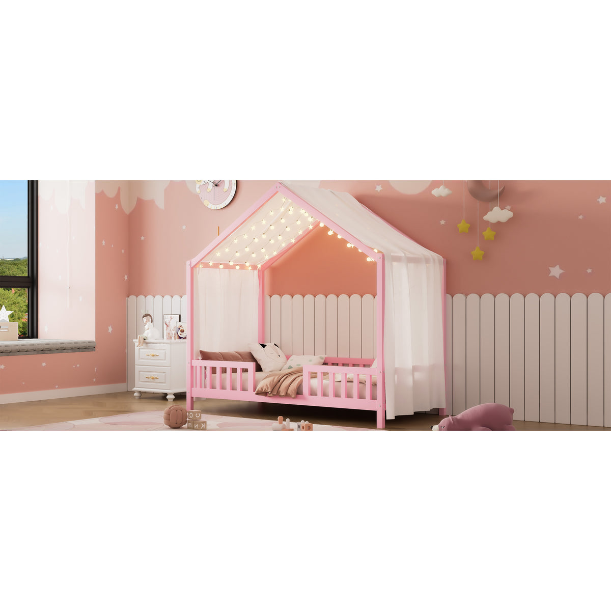 variant-group:rf-n733p356043h|Roomfitters Twin Montessori Floor Bed with Canopy, House Shape Wood Frame with Safety Rails, Youth Platform Bed, Pink