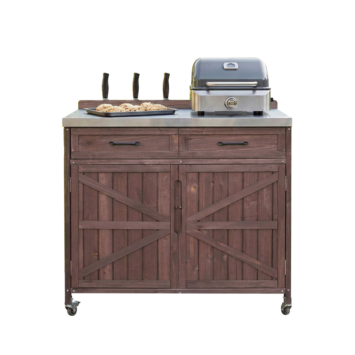 variant-group:rf-n707p370273z|Roomfitters 39.4" Grill Cart, Outdoor Kitchen Island with Stainless Steel Top, BBQ Prep Station with Storage Cabinet, Brown