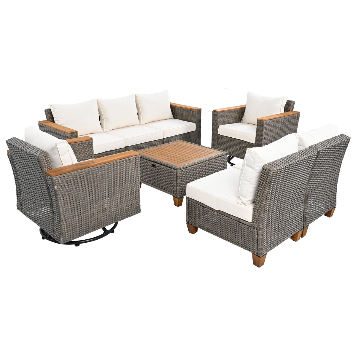 variant-group:rf-n707s005016z|Roomfitters 8-Piece Patio Furniture Set with 360 Swivel Rocker Chairs, Modular Outdoor Sectional Sofa & Table, Beige+Brown