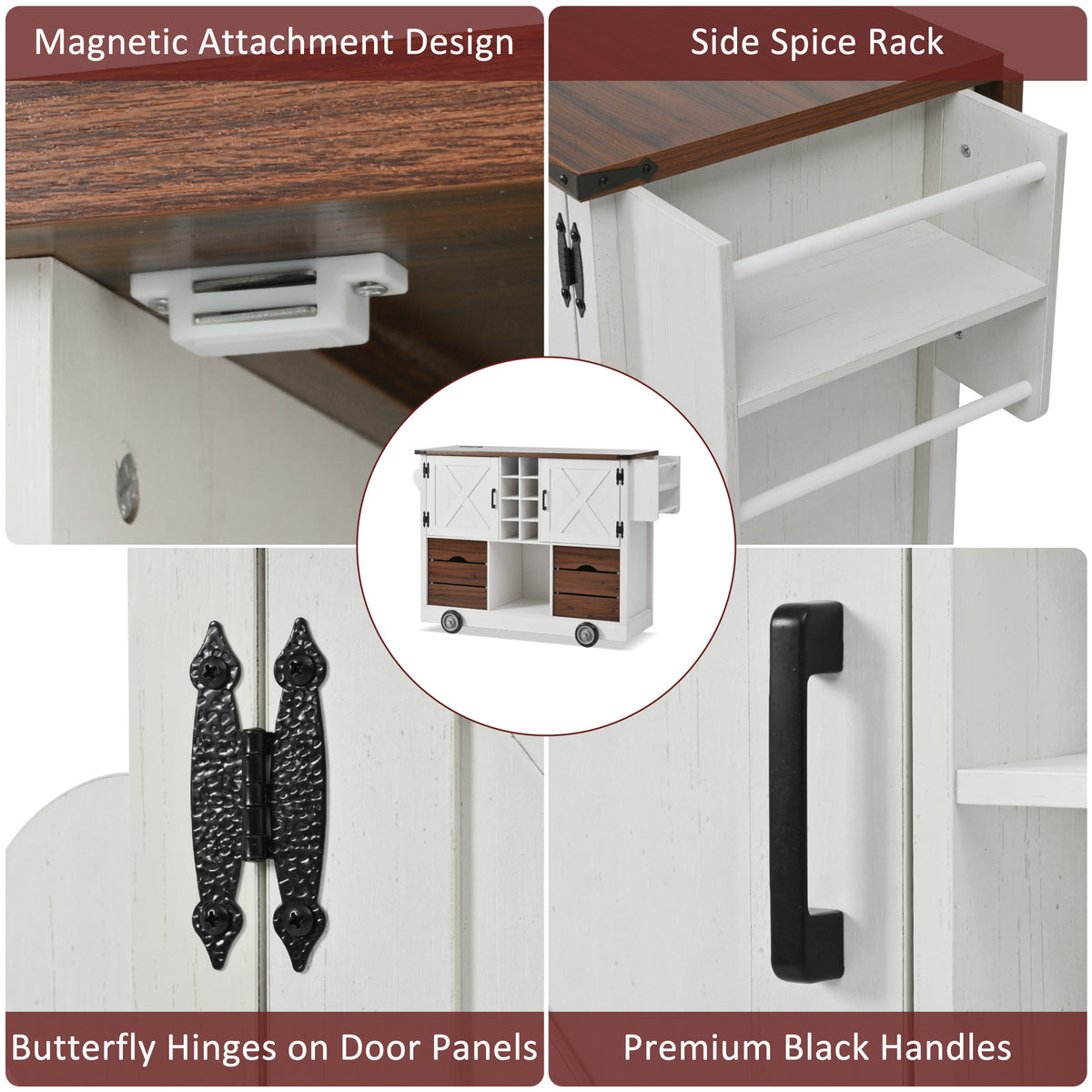 variant-group:rf-n707p349814w|Roomfitters 54" Farmhouse Kitchen Island with Drop Leaf, Power Outlet, Wine Rack, 2 Drawers, 2 Doors, White