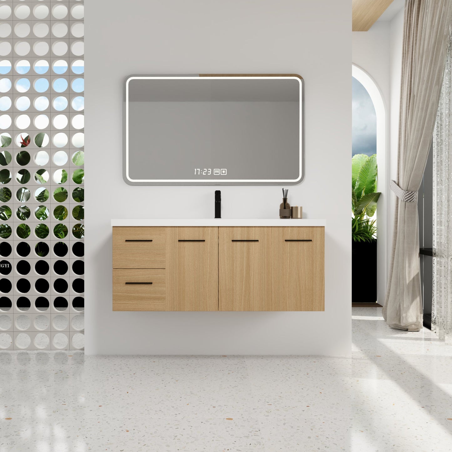 48" Light Oak Floating Bathroom Vanity with Sink, Modular 3-Piece Cabinet (2-Door + 1-Door + 2-Drawer), Gel-Coat Integrated Sink Top, Wall-Mounted, 4 Packages Roomfitters