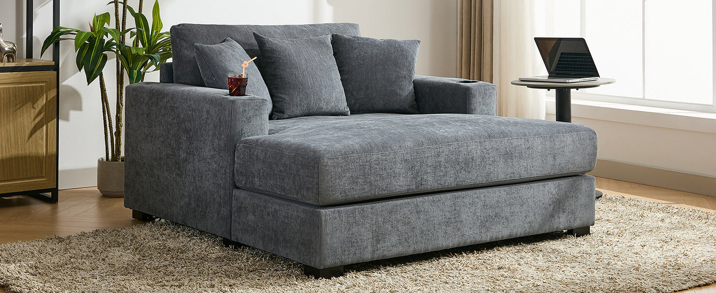 Roomfitters Oversized Chaise Lounger Sofa Couch, Upholstered Accent Chair Charge Station Cup Holders, Blue Gray