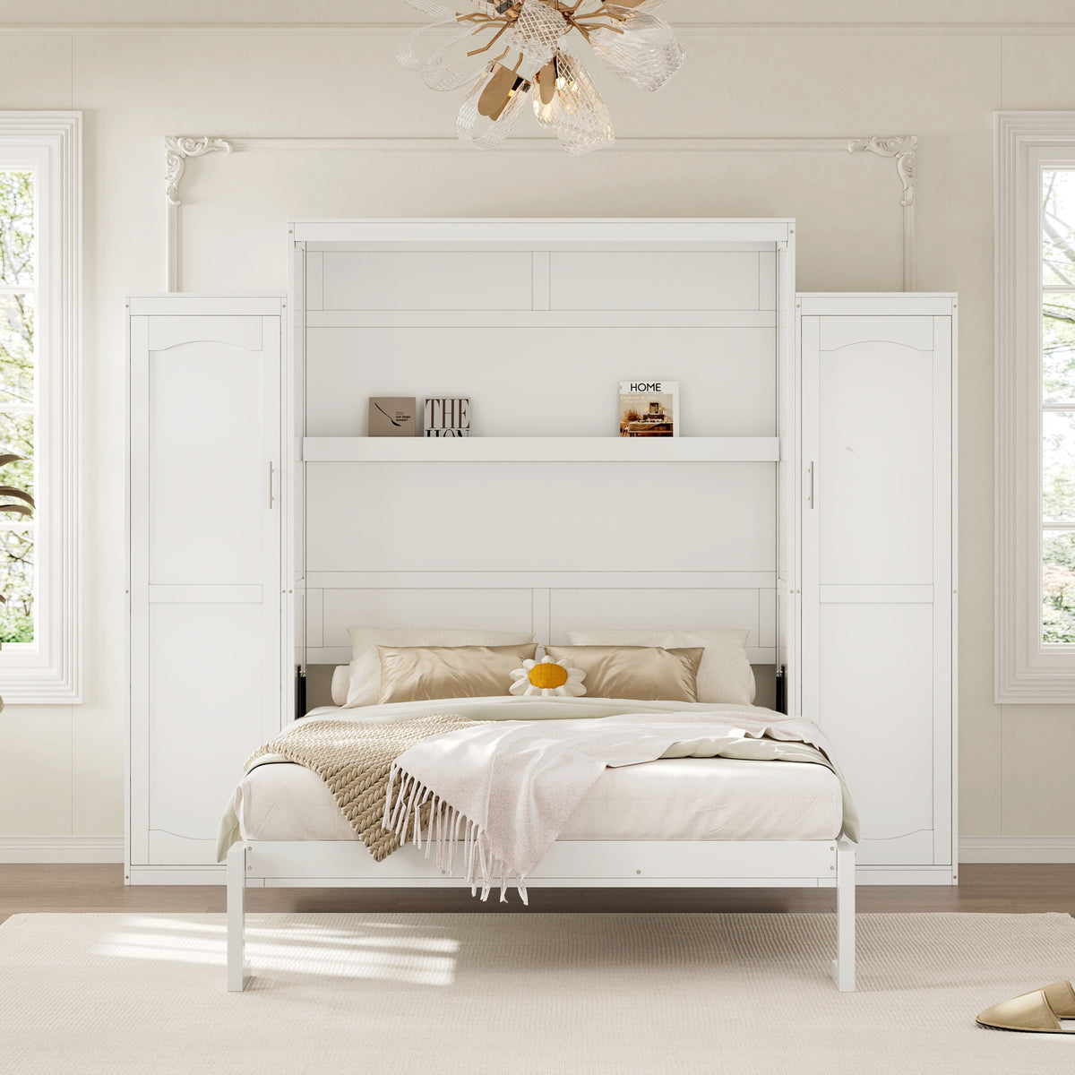 variant-group:rf-n733s339767k|Roomfitters Queen Murphy Bed with Storage Cabinets and Shelf, Foldable Wall Bed Platform for Guest Room and Bedroom, White