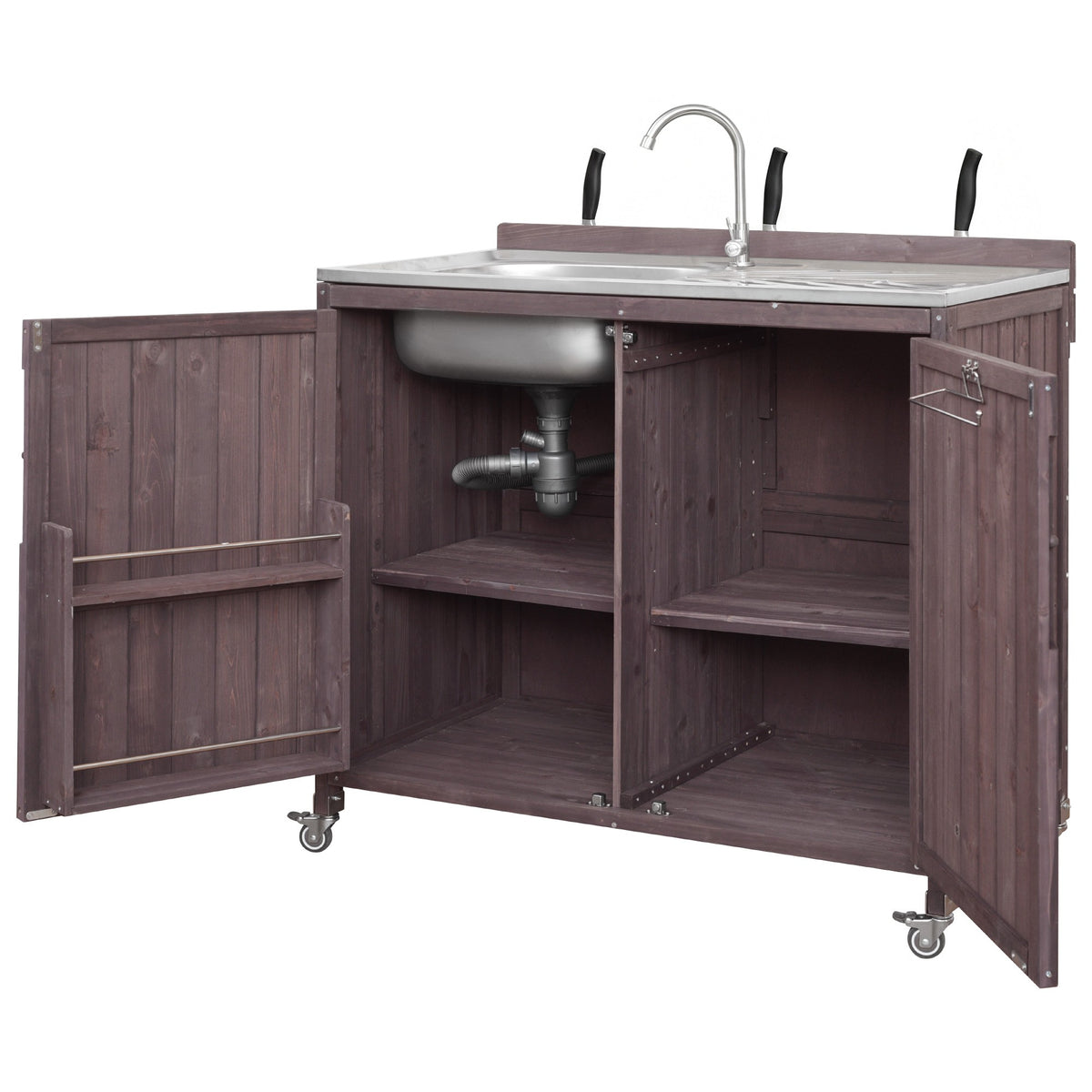 variant-group:rf-n707p370281z|Roomfitters 39.4" Outdoor Grill Cart with Stainless Steel Top, Prep Station with Sink and Storage Cabinet, Dark Brown