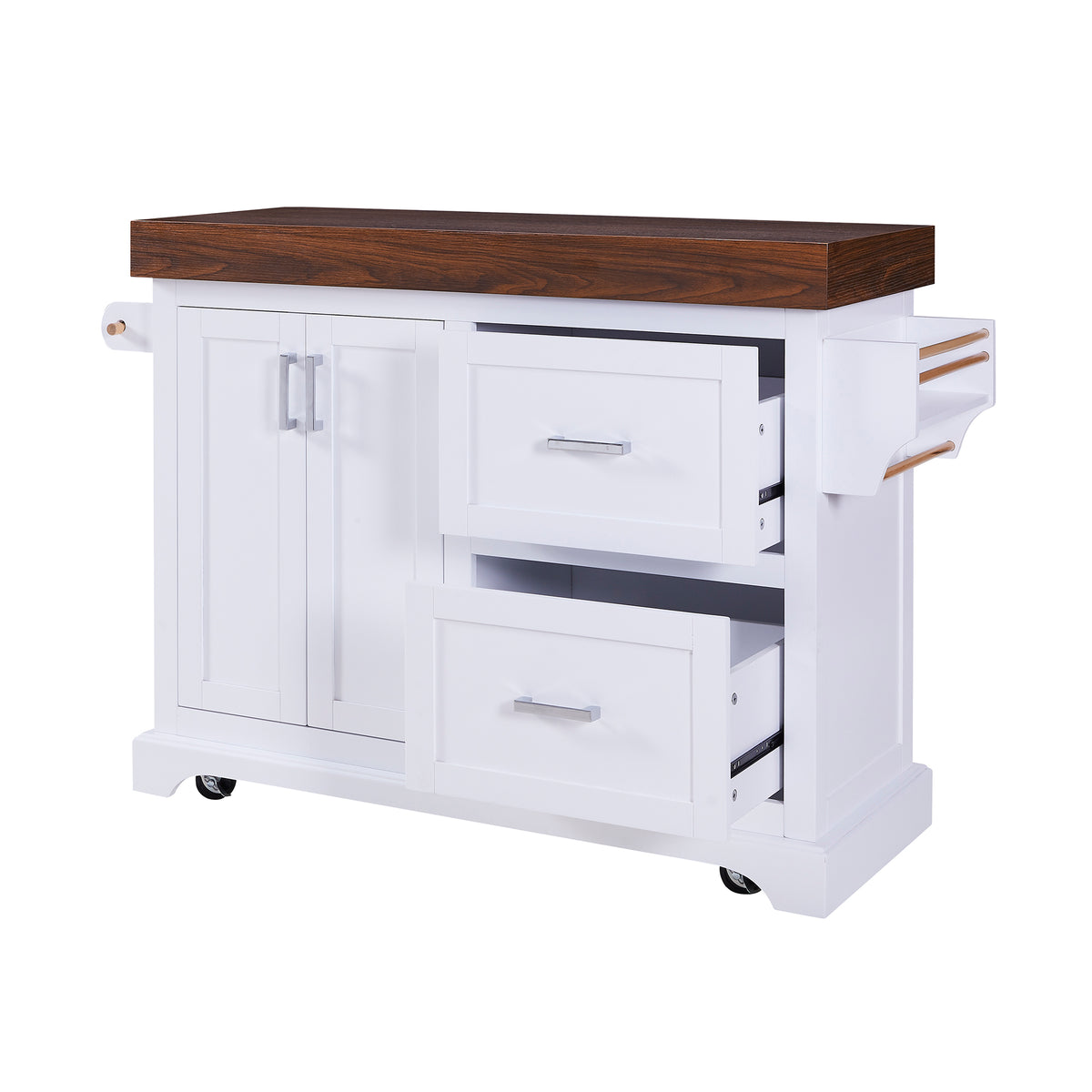 variant-group:rf-n707s000025w|Roomfitters 53" Kitchen Island with Butcher Block Top, Storage Cabinet with Drawers, Spice Rack and Towel Holder, White