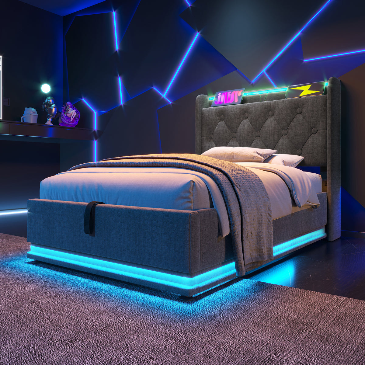 variant-group:rf-n736p188805g|Roomfitters Twin Size Upholstered Storage Bed with USB Type-C Charging and Remote Control, Linen Gray