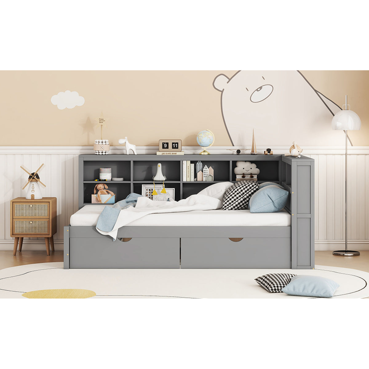 variant-group:rf-n733s347768e|Roomfitters Wooden Twin Daybed with Underbed Storage, Built-In Shelf & USB Charging Ports, Gray