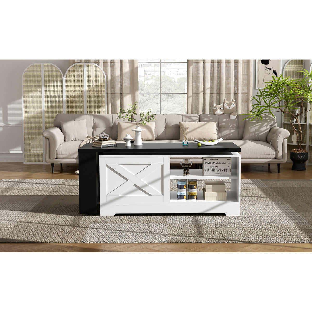 variant-group:rf-n724p351732k|Roomfitters Farmhouse Lift Top Coffee Table with Barn Doors and Outlets, White & Black