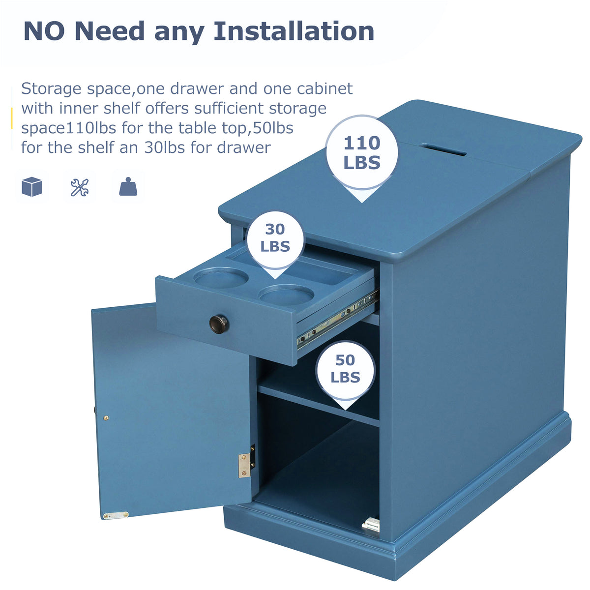 variant-group:rf-n724p185778m|Roomfitters Vintage End Table with USB Ports, Cup Holders and Multifunctional Storage for Living Room, Navy Blue