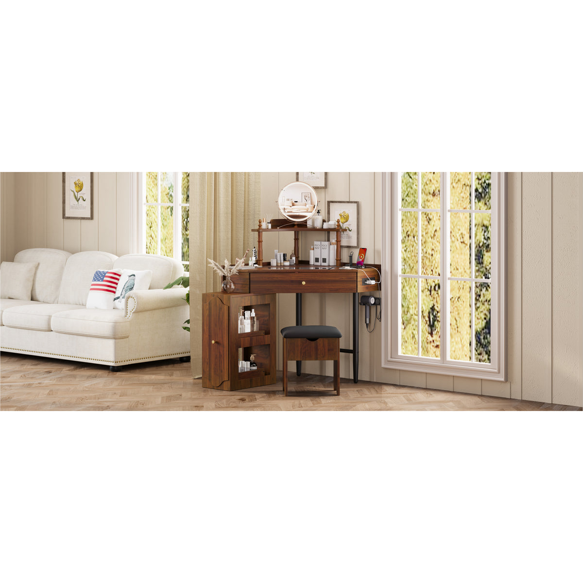 variant-group:rf-n733p336237d|Roomfitters Corner Vanity Desk Set with Stool, Charging Station, Glass Top, Drawer, Shelf, Pull-Out Cabinet, Walnut