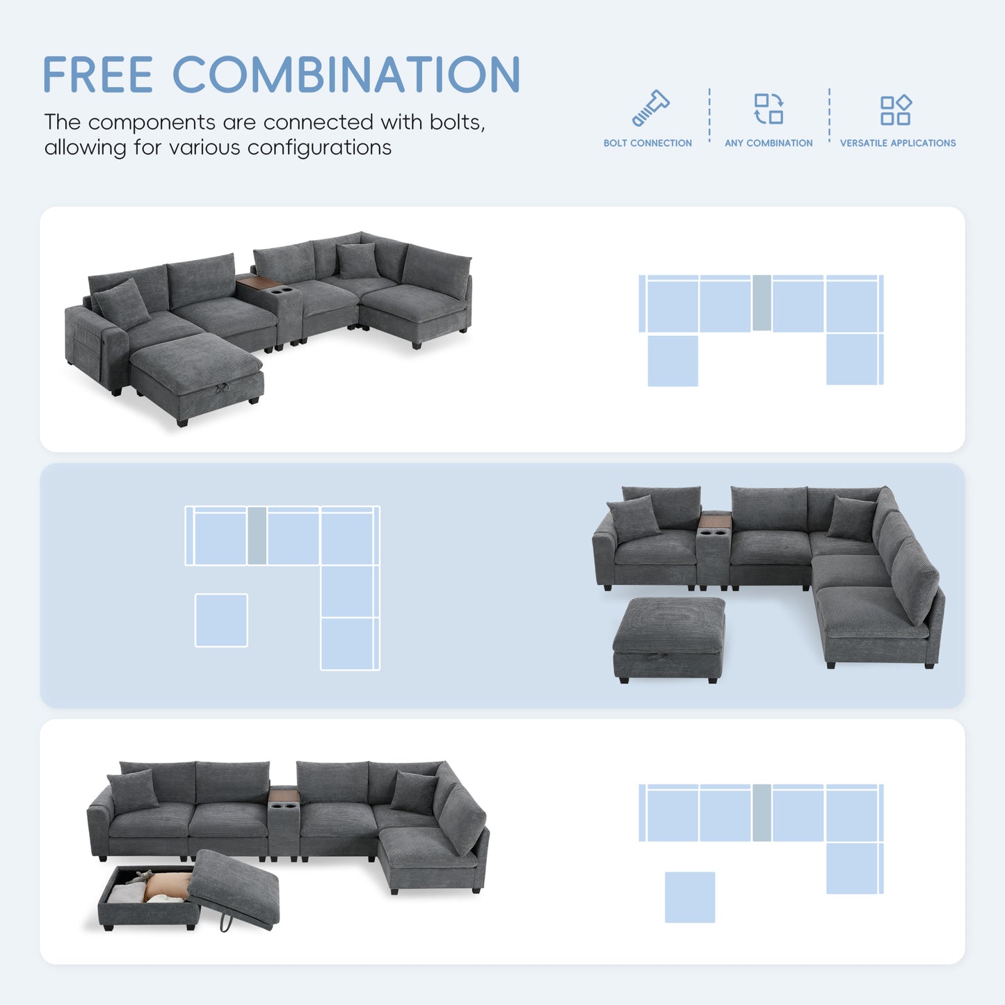 variant-group:rf-n723s1166e|Roomfitters 139 Inch U-Shaped Modular Sectional Sofa with Storage Console, Cup Holders and USB Ports for Living Room, Gray