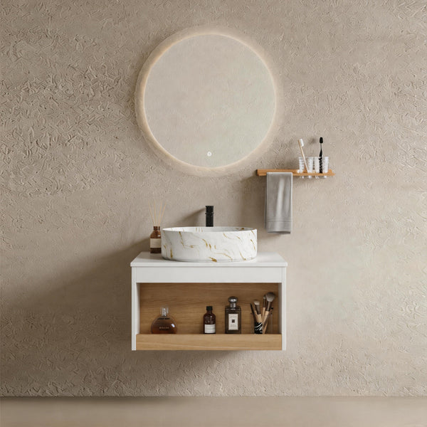 24" Floating Bathroom Vanity with Gold Vein Marble Vessel Sink, Wall-Mounted Vanity with Open Shelf Storage, White Finish with Wood Accent, Space-Saving Modern Design (Ships in 2 Boxes)