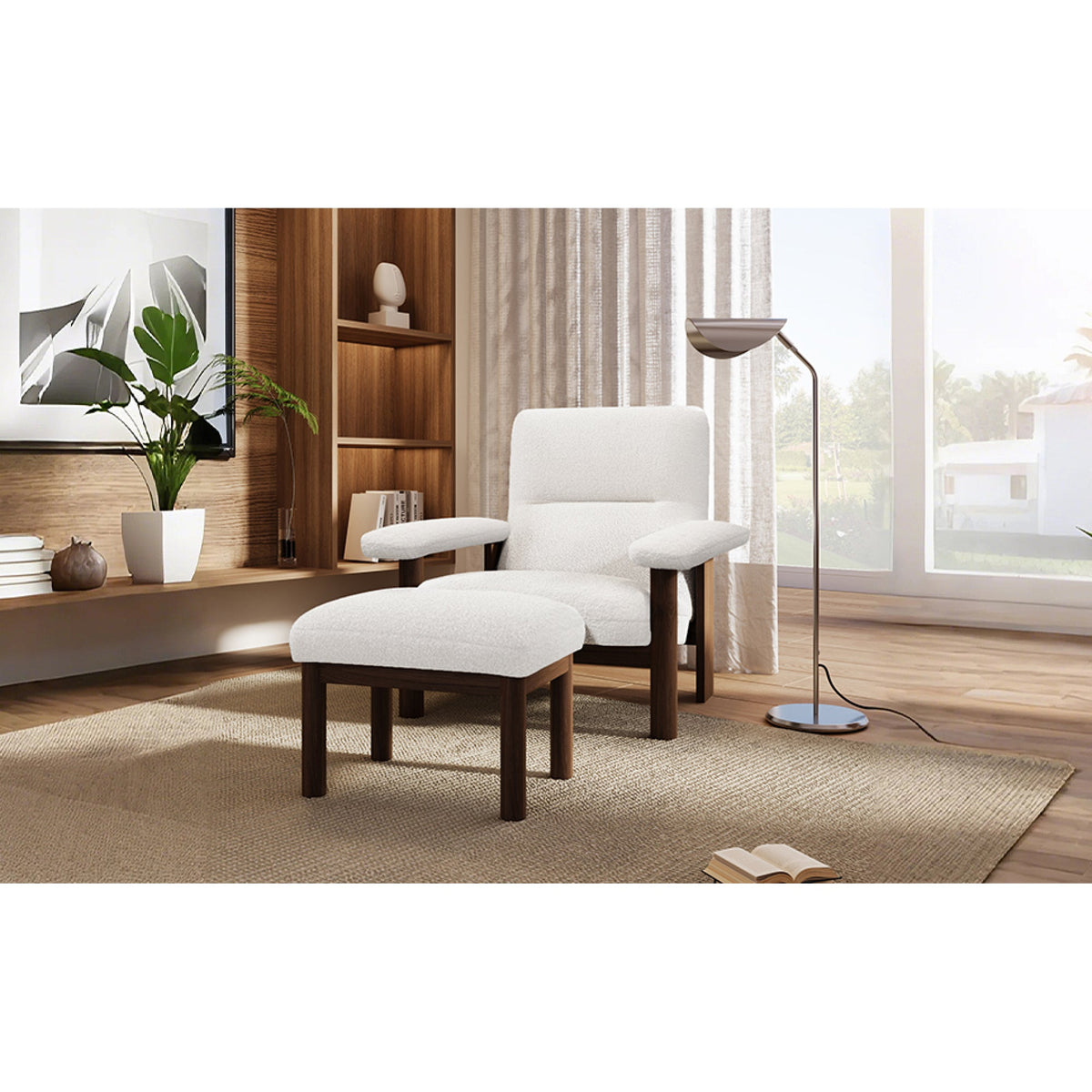 Roomfitters Mid-Century Accent Chair with Ottoman, Fabric Upholstered Armchair and Footrest Set with Wood Frame, White Roomfitters