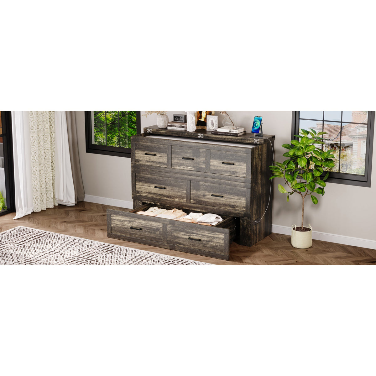 Roomfitters Queen Size Murphy Bed Cabinet with Charging Station, Foldable Platform Bed with Storage Drawer, Rustic Gray