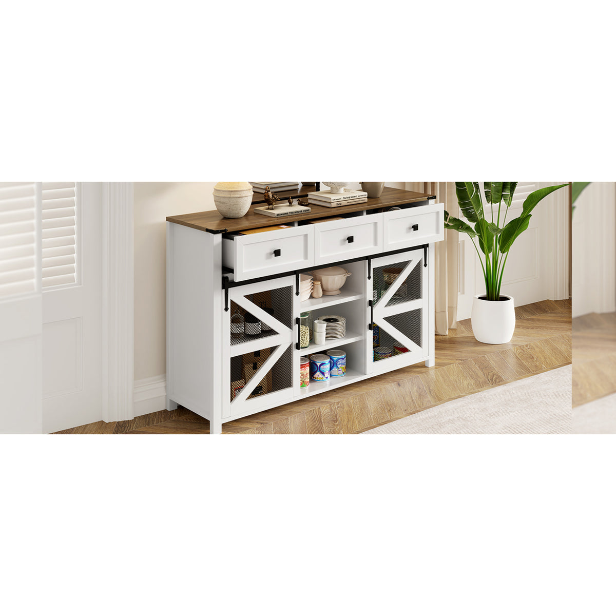 variant-group:rf-n711p347384k|Roomfitters 55" Sideboard Buffet Cabinet with 3 Drawers and Sliding Barn Doors, Farmhouse Storage for Kitchen & Dining, White