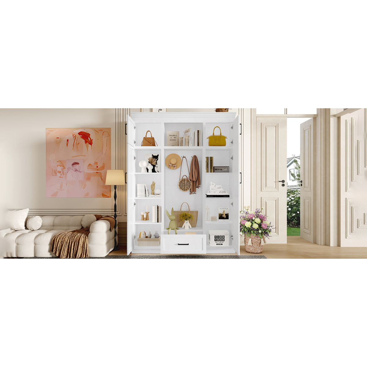 variant-group:rf-n724sj000140aak|Roomfitters 85.2" Hall Tree with Bench, 3 Hooks, 4 Doors, 1 Drawer and Adjustable Storage Shelves, White