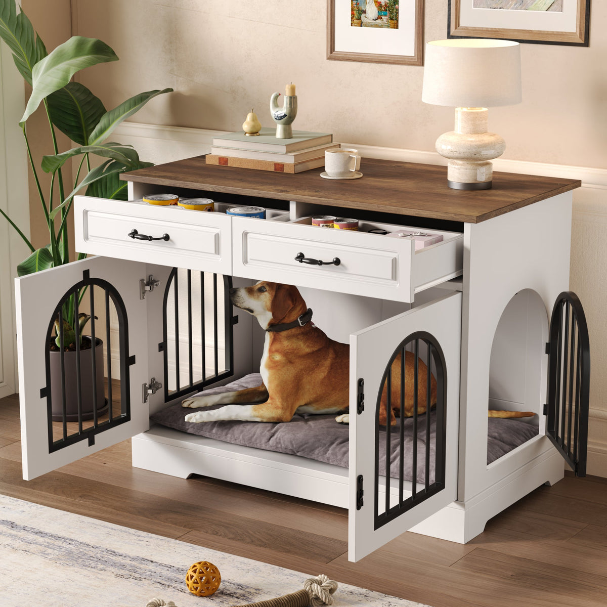 Roomfitters 43-Inch Heavy Duty Indoor Dog Crate Furniture End Table with Escape Proof Arched Doors White Brown Roomfitters