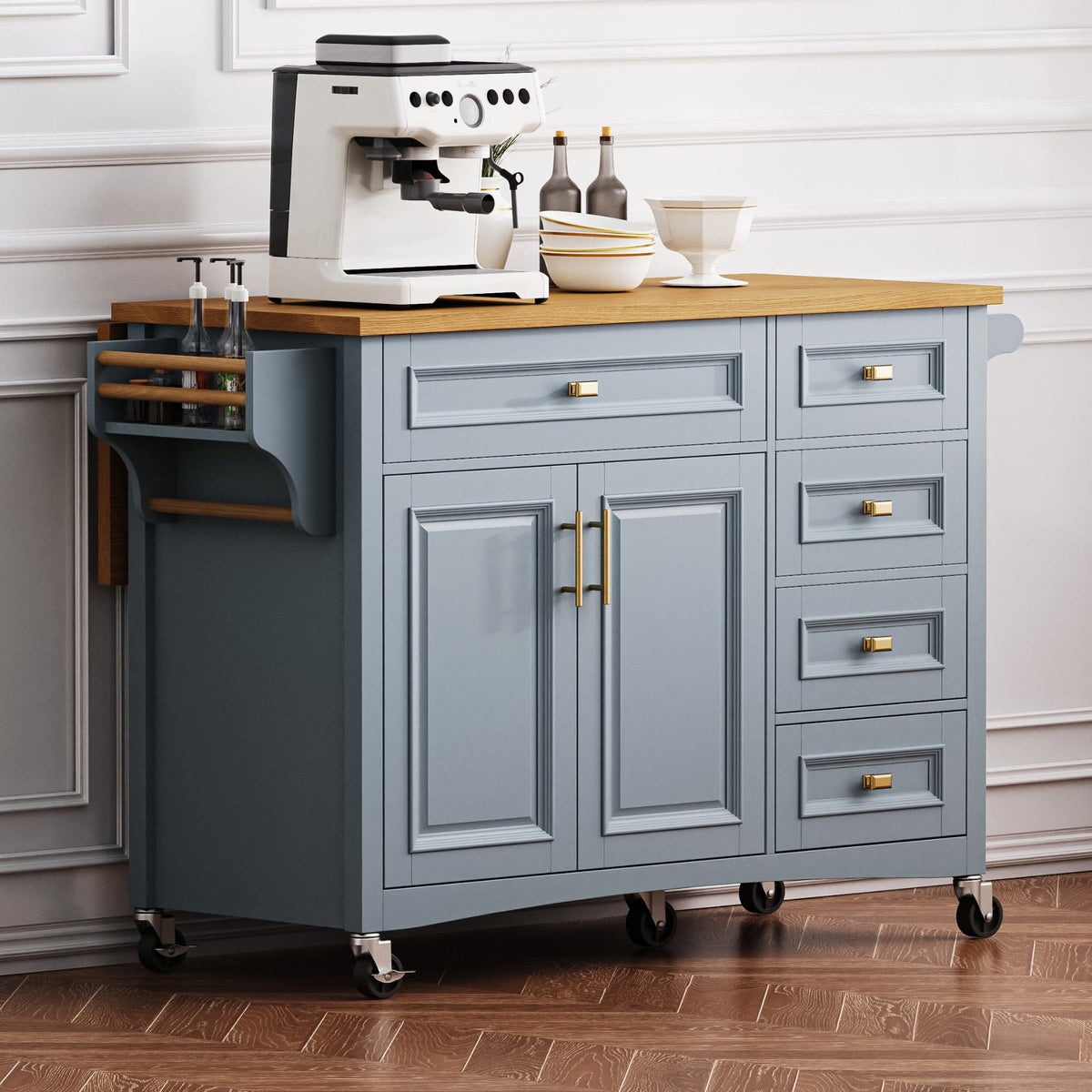 Roomfitters 52" Kitchen Island with Wood Top, 5 Storage Drawers and Cabinet, Mobile Cart with Gold Hardware, Blue-Grey