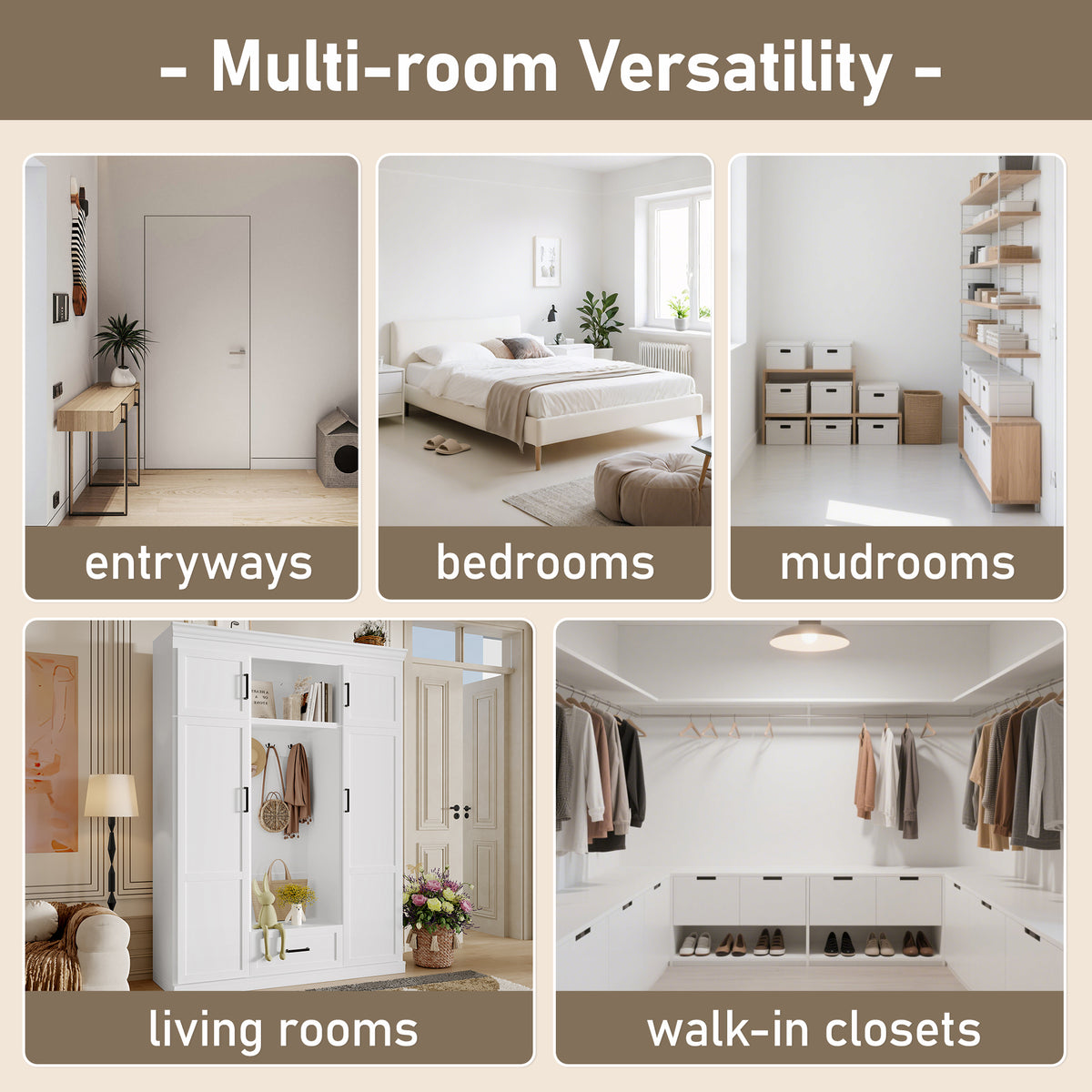 variant-group:rf-n724sj000140aak|Roomfitters 85.2" Hall Tree with Bench, 3 Hooks, 4 Doors, 1 Drawer and Adjustable Storage Shelves, White