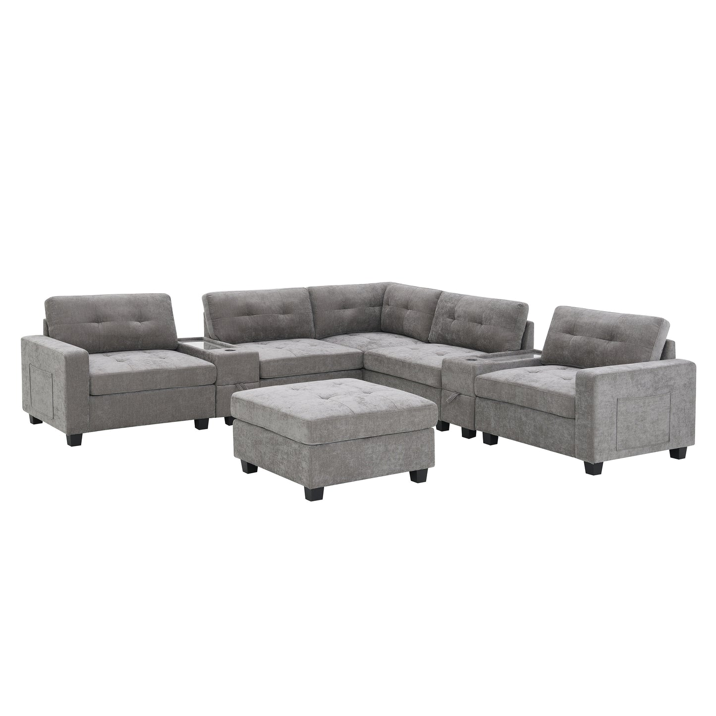 variant-group:rf-n723s1191e|Roomfitters 104 Inch Modular Sectional Sofa with Console and Cup Holders, Upholstered L-Shape Couch for Home Decor, Gray