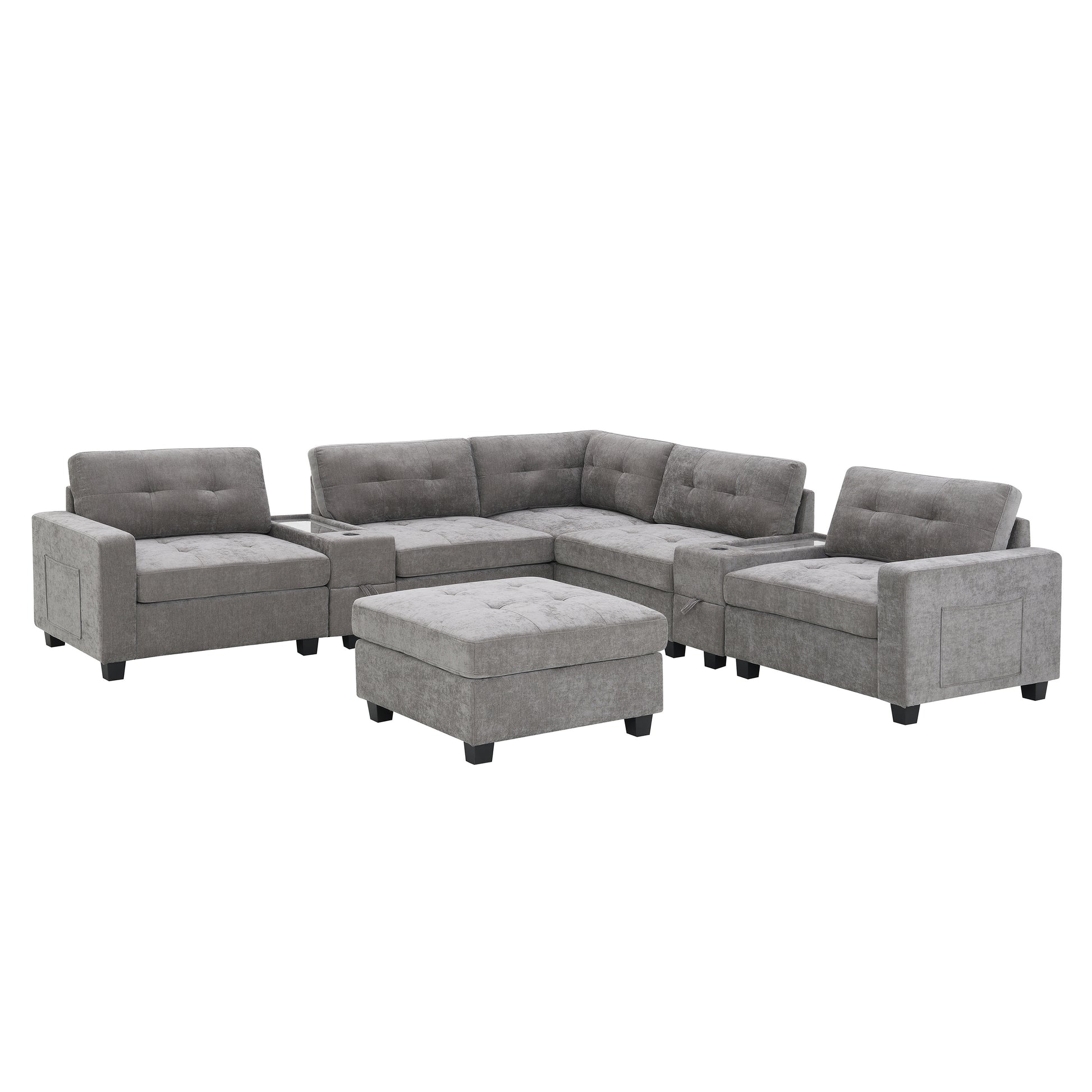 variant-group:rf-n723s1191e|Roomfitters 104 Inch Modular Sectional Sofa with Console and Cup Holders, Upholstered L-Shape Couch for Home Decor, Gray