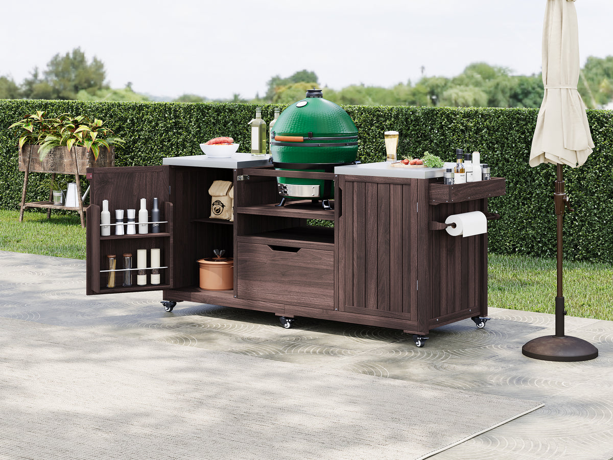 variant-group:rf-n707p250629z|Roomfitters 66.5" Outdoor Kitchen Island for Big Kamado Grills, Wood Grill Cart with Stainless Steel Top, Storage, Dark Brown