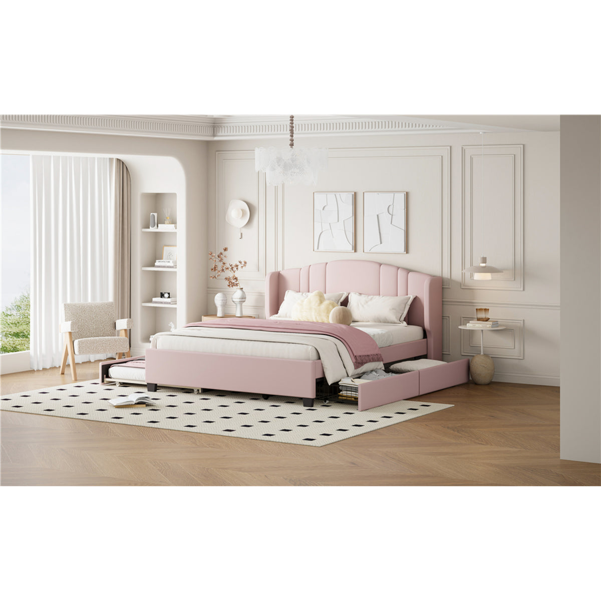 variant-group:rf-n733s208132h|Roomfitters Twin Size Trundle Upholstered Platform Bed with Wingback Headboard and 2 Drawers, No Box Spring Needed, Linen Fabric, Queen Size, Pink