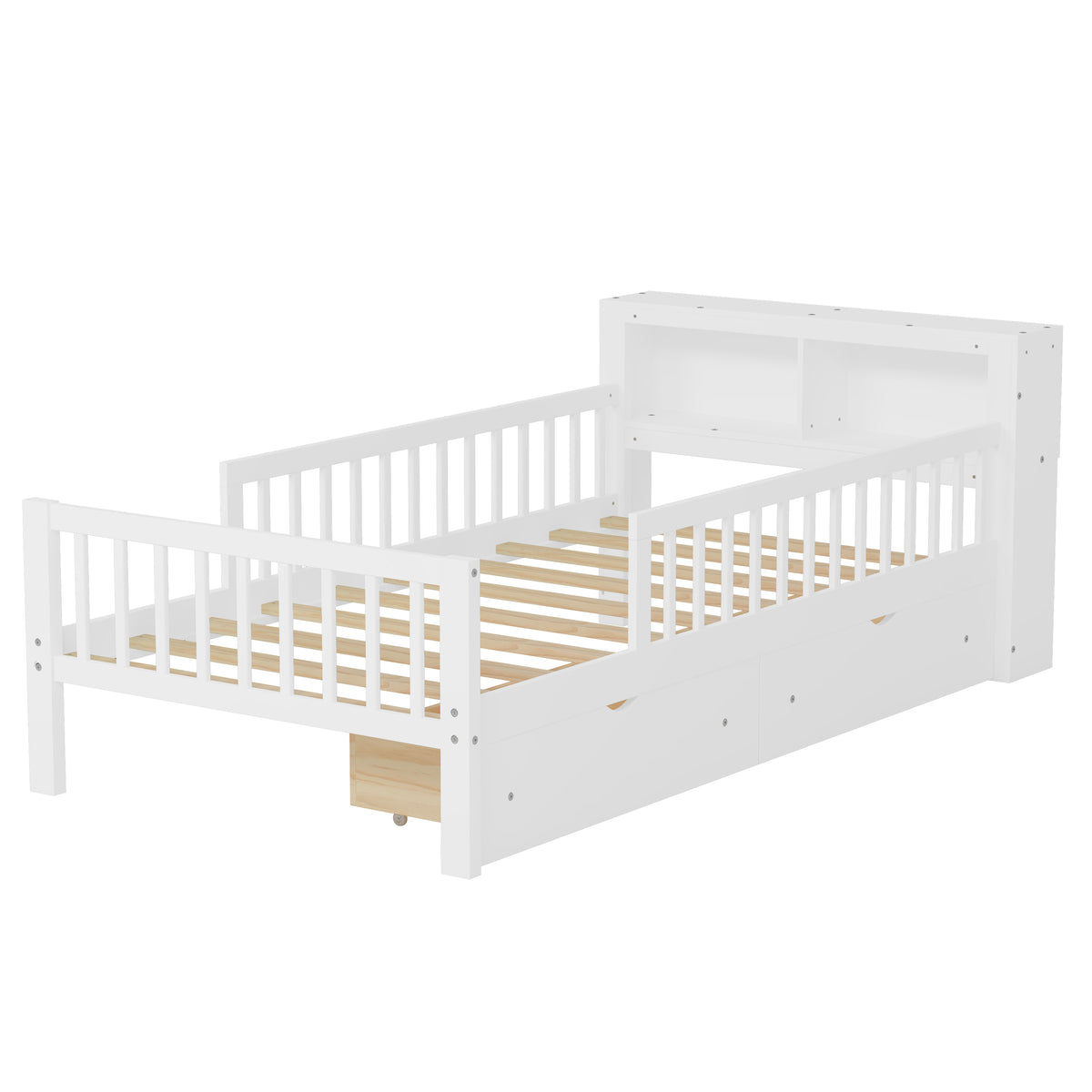 variant-group:rf-n733p272374k|Roomfitters Twin Bed with Headboard Storage Rack, Under-Bed Storage and Three-Side Guardrails, White