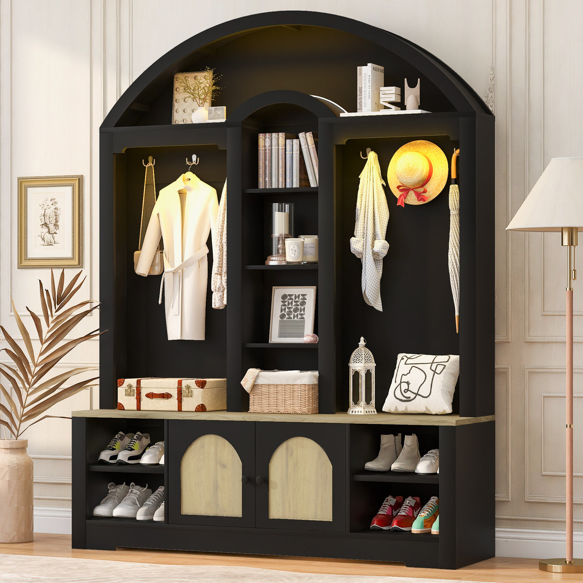 variant-group:rf-n724sj000158aab|Roomfitters Multi-Functional Curved Entrance Wardrobe, Hall Tree, Black & Natural