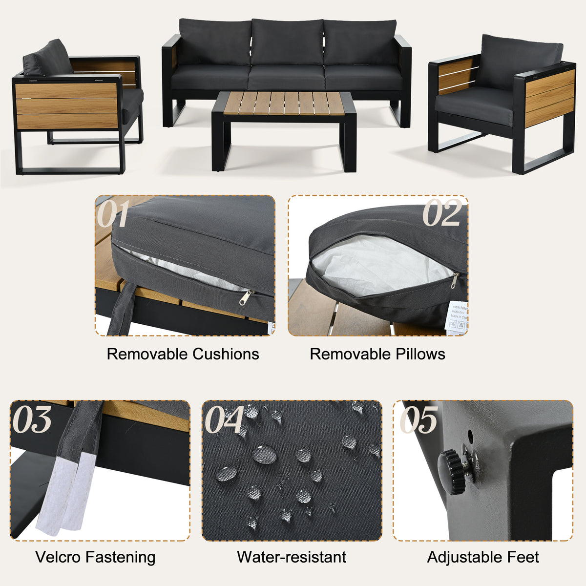 variant-group:rf-n704g201257e|Roomfitters 4-Piece Aluminum Patio Conversation Set with Four Fold-Out Side Trays and Slatted Coffee Table Gray