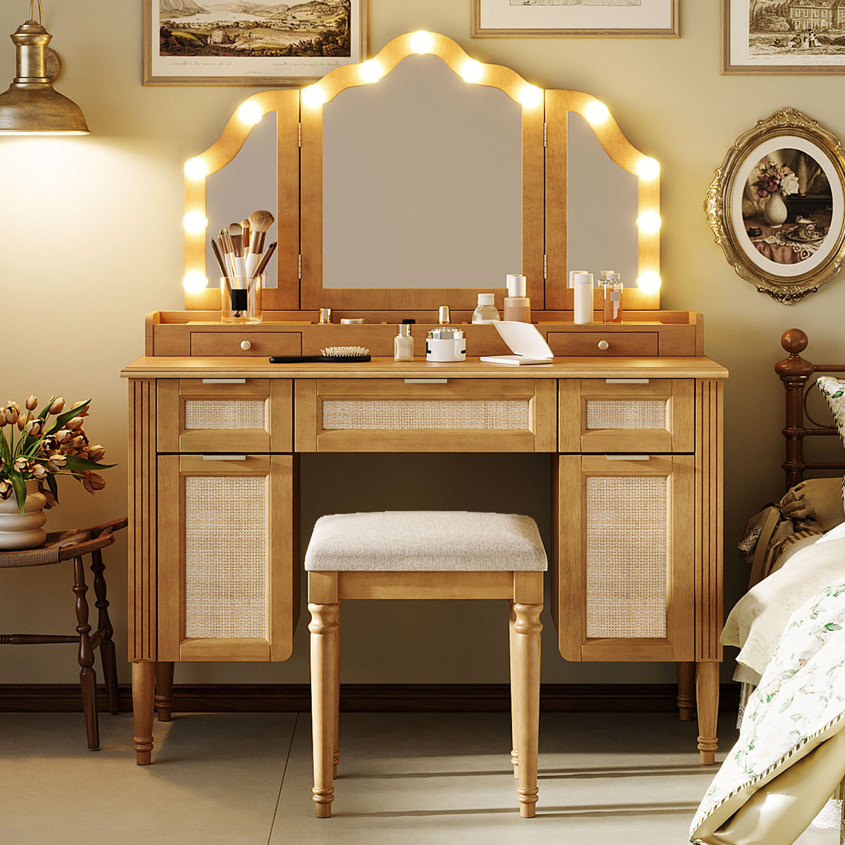 variant-group:rf-n704p342558n|Roomfitters 44-Inch Bohemian Makeup Vanity Desk with 13 Hollywood Bulbs Tri-Fold Mirror and Bamboo Drawers Natural