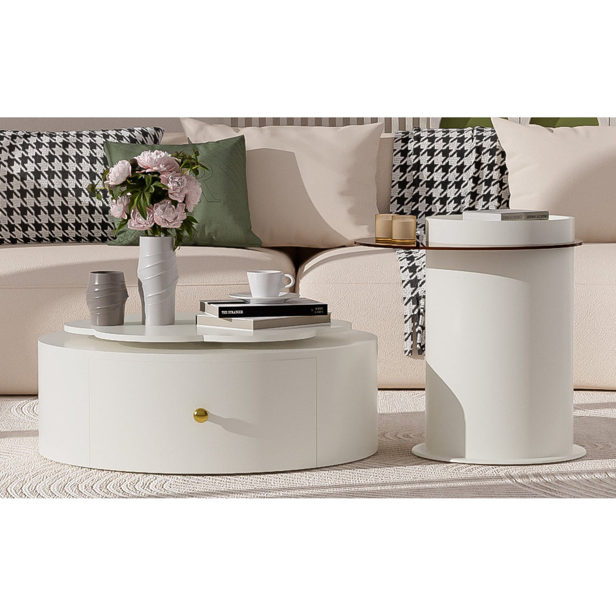 Roomfitters Rotatable Round Coffee Table Set of 2 with Flower-Shaped Top and Glass End Table, Off White Roomfitters
