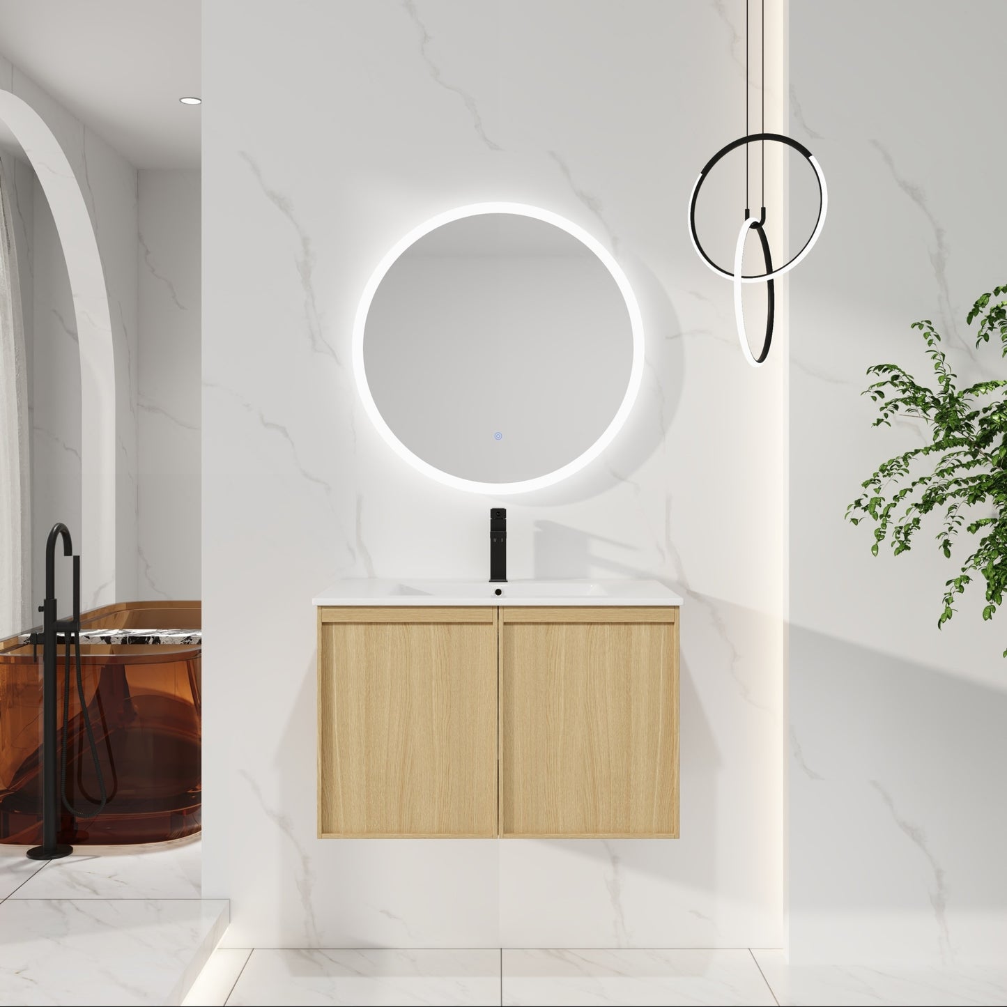 30" Floating Bathroom Vanity with Sink, Wall-Mounted Modern Light Oak Cabinet, Thin Edge Ceramic Basin, Soft-Close Doors, Spacious Storage, Easy Installation