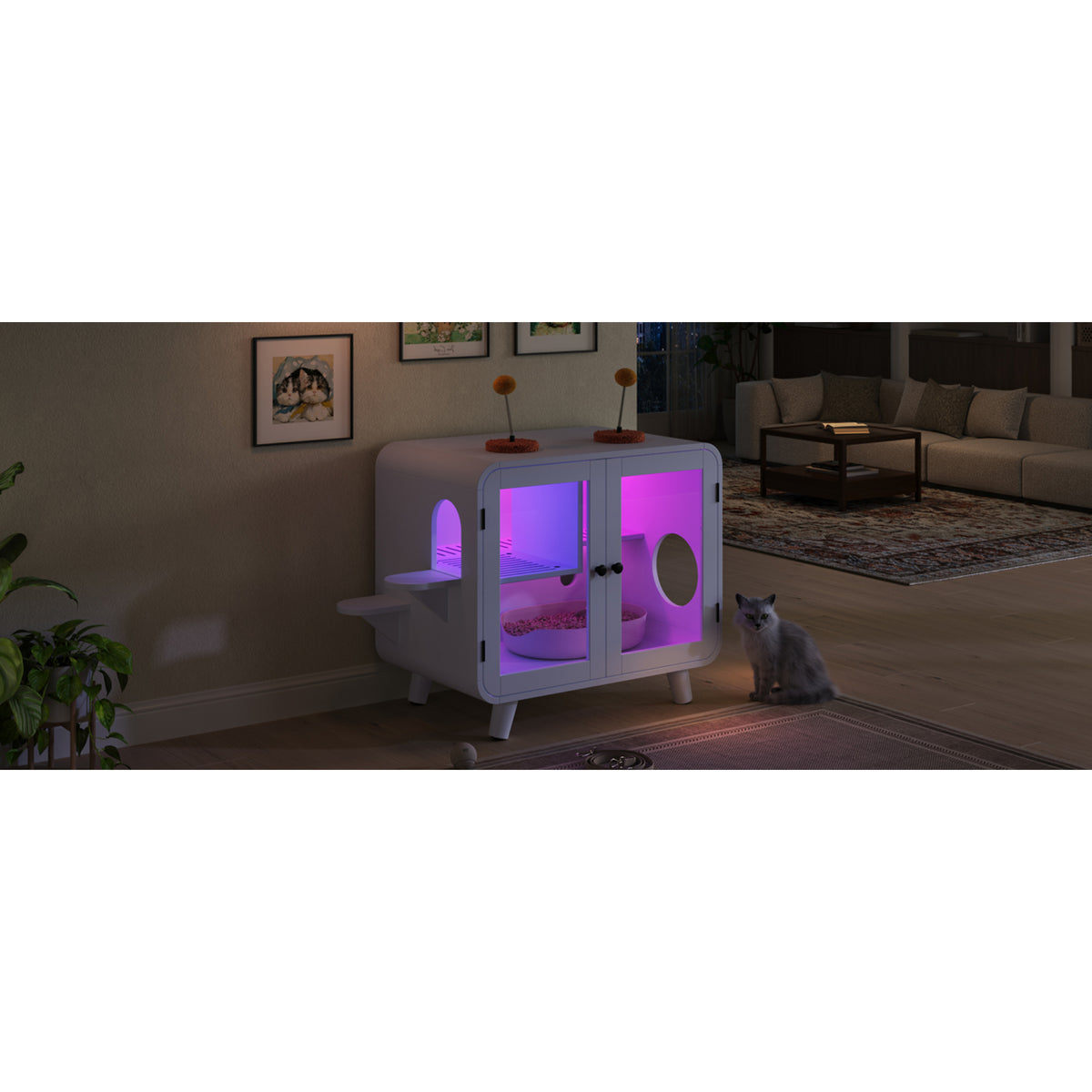variant-group:rf-n704p419240k|Roomfitters Retro TV-Style Hidden Cat Litter Box Enclosure with App Controlled RGB LED Lights and Stairs White