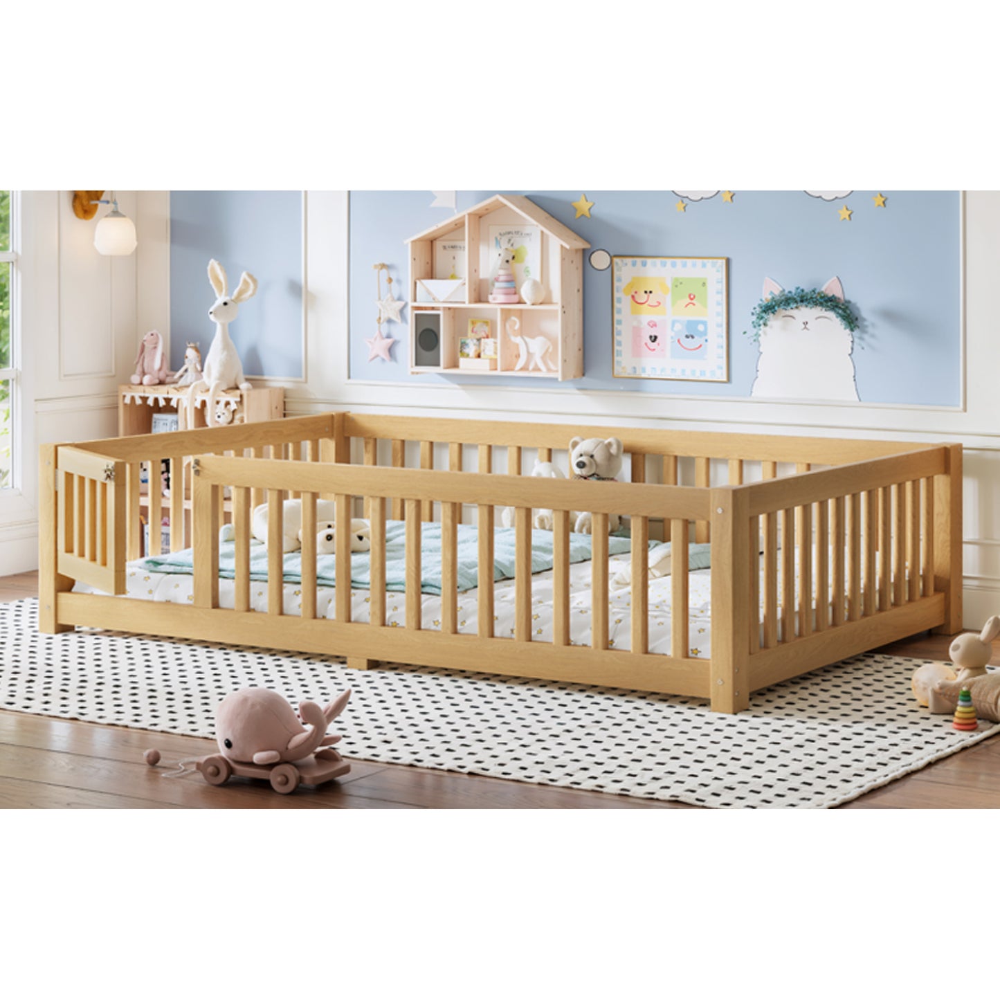 variant-group:rf-w1580p462323|Roomfitters Full Size Wooden Floor Bed Frame with Safety Guardrails Door, Solid Wood Low Profile Toddler Play Bed, Natural