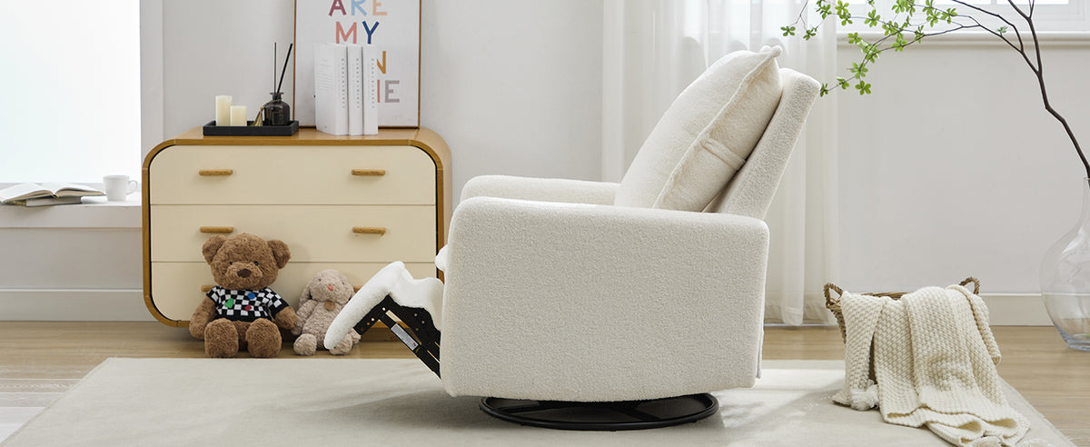 variant-group:rf-n701p348238k|Roomfitters Swivel Rocker Recliner Chair, Glider Rocking Armchair, Teddy Fleece Nursery Reclining Lounge Accent Chair, White