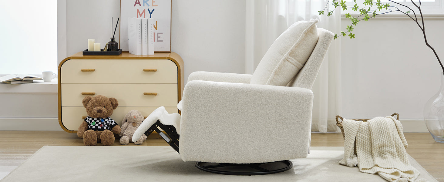 variant-group:rf-n701p348238k|Roomfitters Swivel Rocker Recliner Chair, Glider Rocking Armchair, Teddy Fleece Nursery Reclining Lounge Accent Chair, White