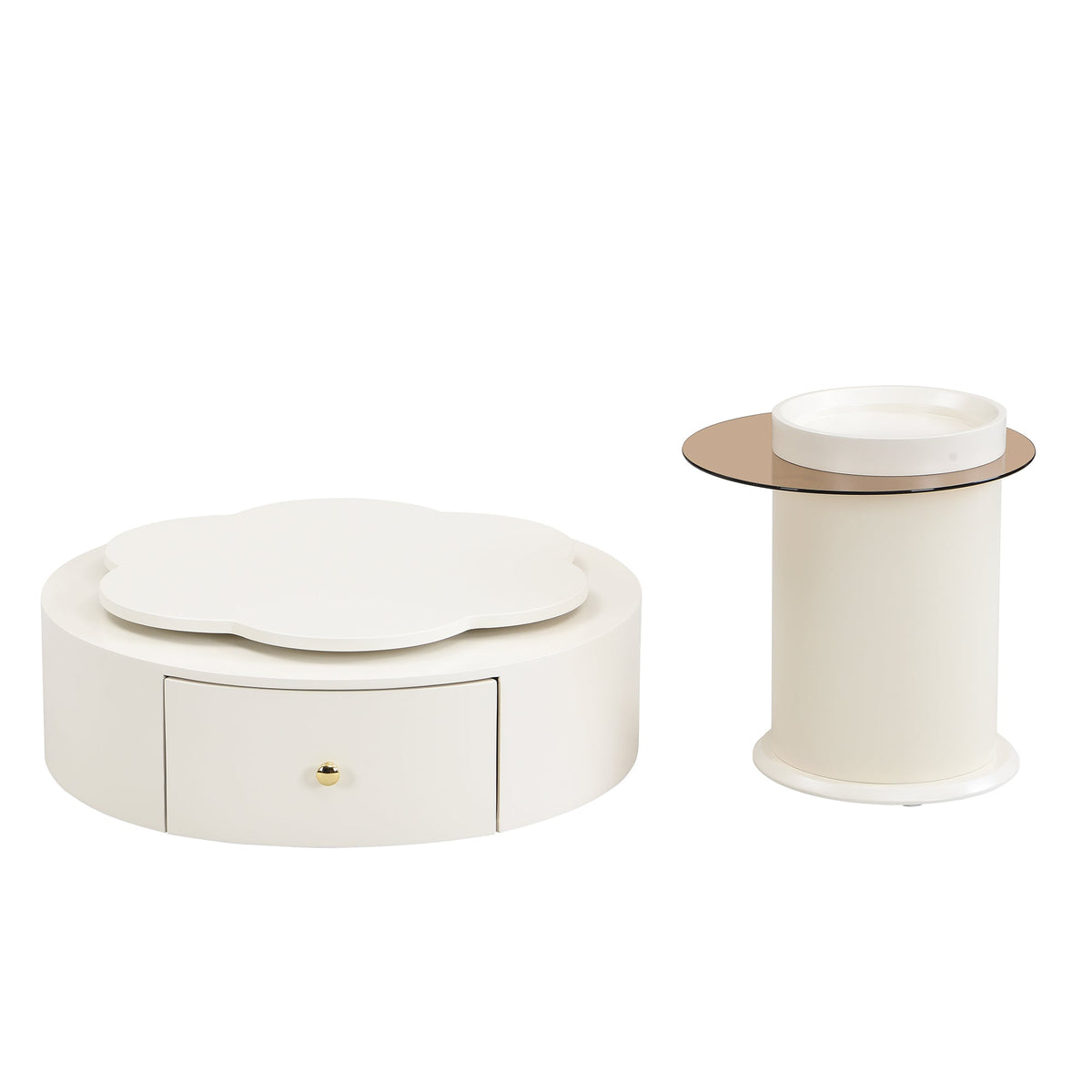 Roomfitters Rotatable Round Coffee Table Set of 2 with Flower-Shaped Top and Glass End Table, Off White Roomfitters