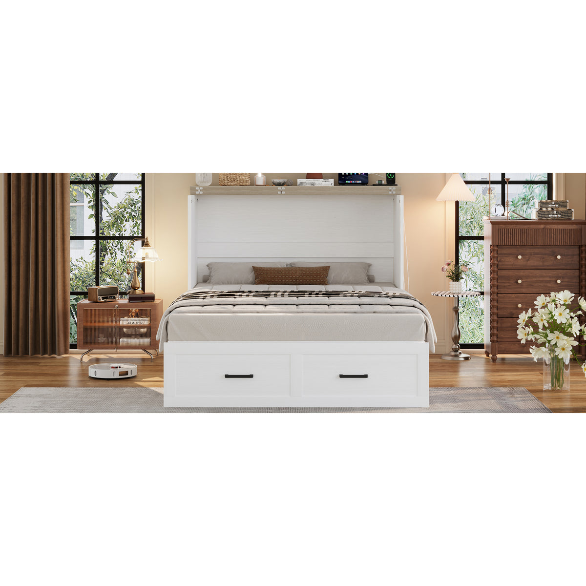 variant-group:rf-n733s237853w|Roomfitters Full Size Farmhouse Murphy Cabinet Bed with Charging Station, Foldable Platform Bed with Large Storage for Guest Room, Small Bedroom, White