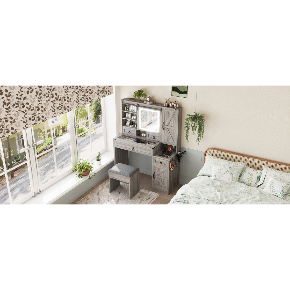variant-group:rf-n733p340562g|Roomfitters Farmhouse Vanity Desk with Sliding Mirror & Lights, Glass Top, Charging Station, 4 Drawers, 2 Cabinets, Stool, Gray