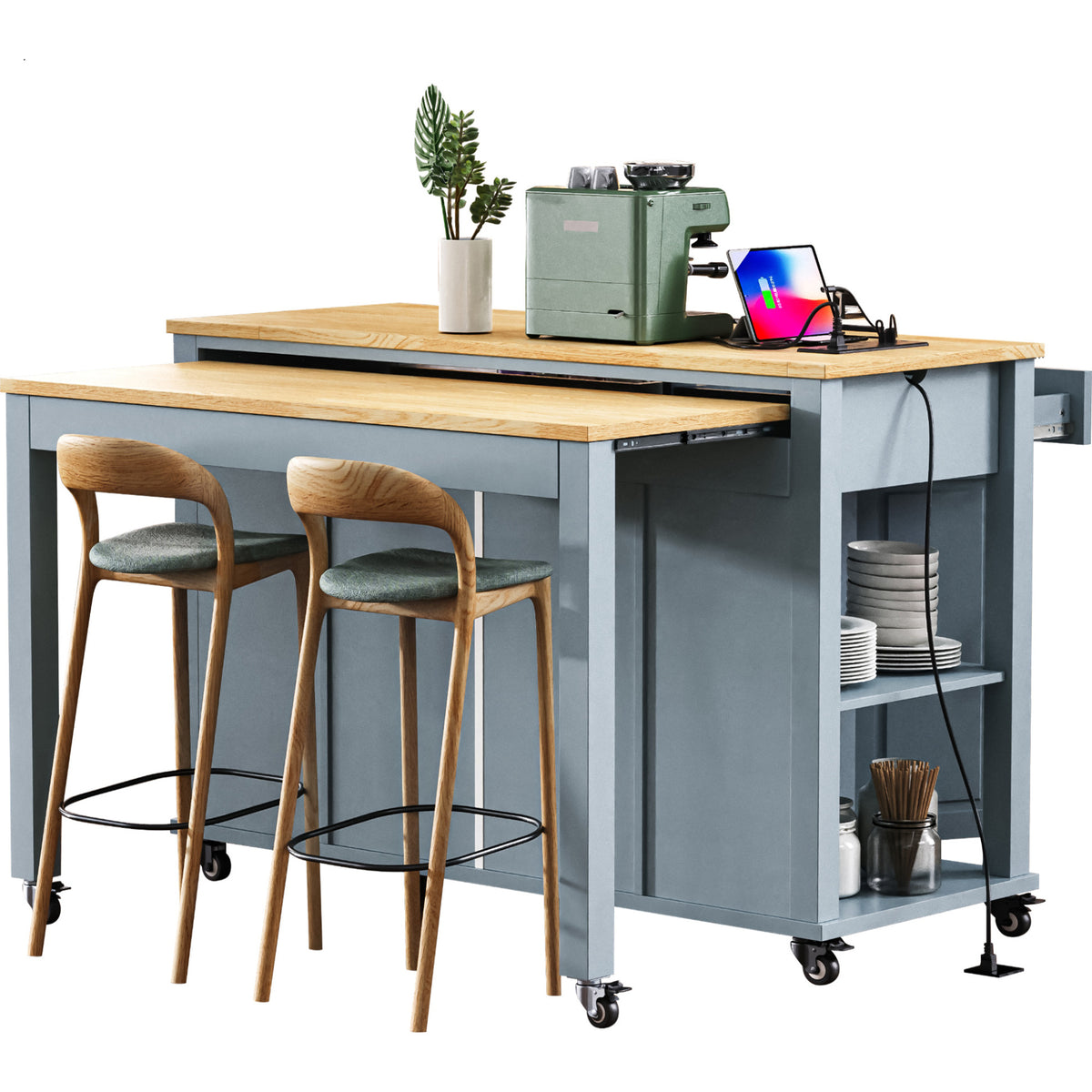 variant-group:rf-n707p215327g|Roomfitters 47" Kitchen Island with Extendable Dining Table, Storage Cabinet, Power Outlet, Rubber Wood Veneer, Grey Blue