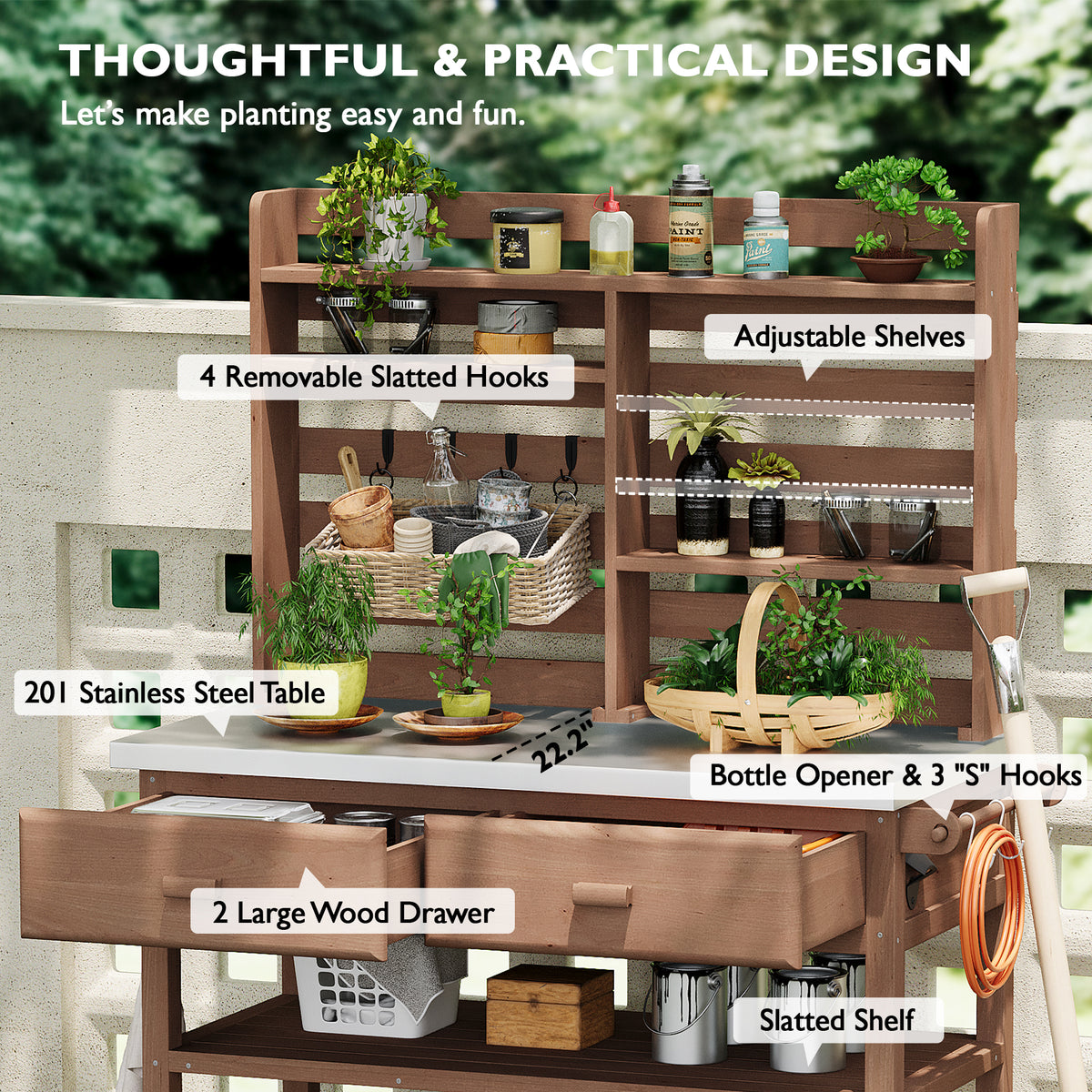 variant-group:rf-n707p228274z|Roomfitters 64.9" Outdoor Potting Bench Table, Rolling Kitchen Island with Hutch, Stainless Steel Top, Storage, Brown