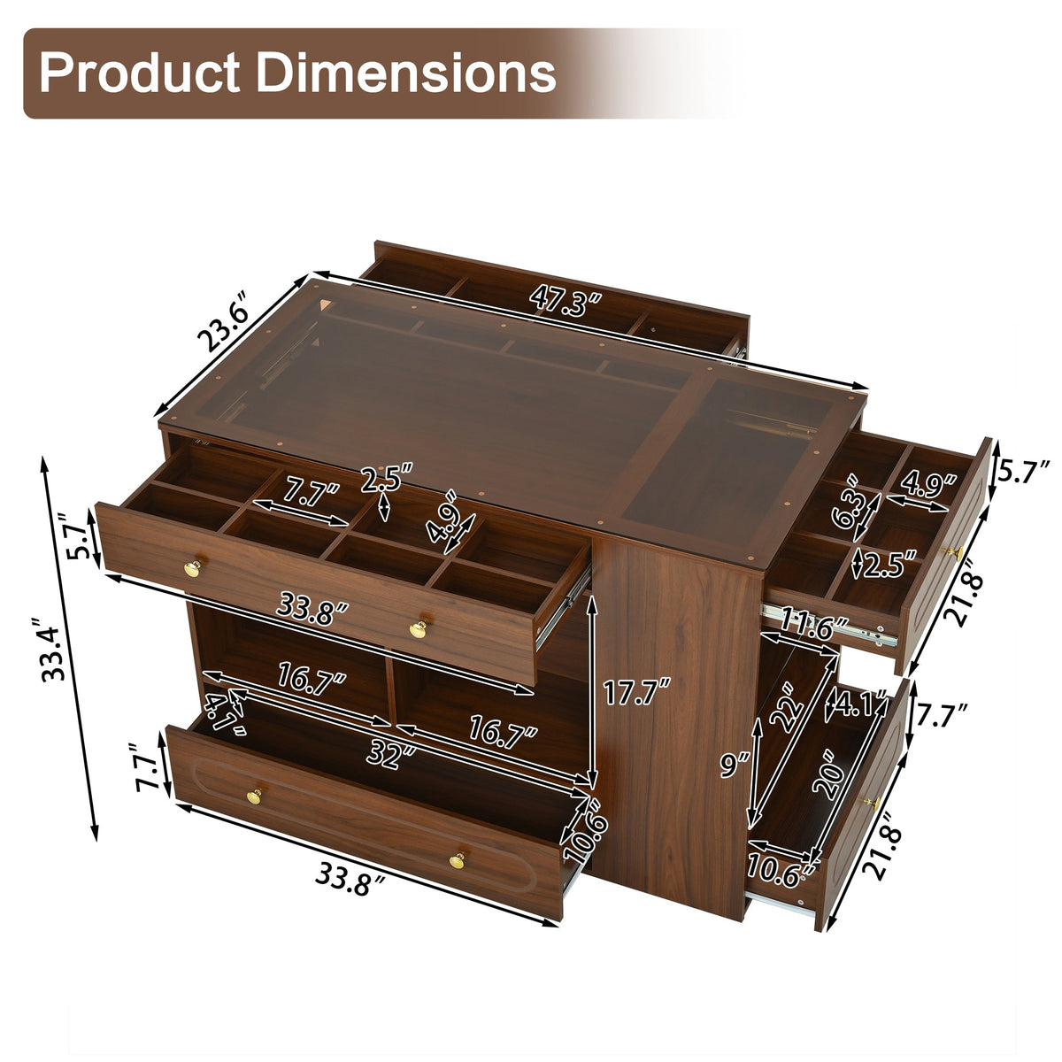 Roomfitters Closet Island with 6 Drawers, Glass Display Top and Open Shelves, Wardrobe Storage and Jewelry Vanity, Walnut