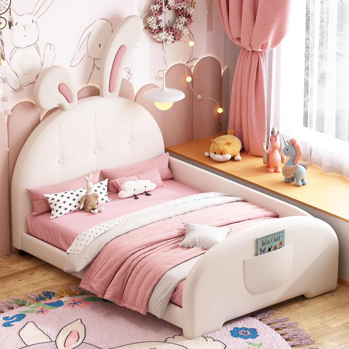 variant-group:rf-n733p198764k|Roomfitters Rabbit-Shaped Princess Twin Platform Bed with Upholstered Headboard and Footboard, White