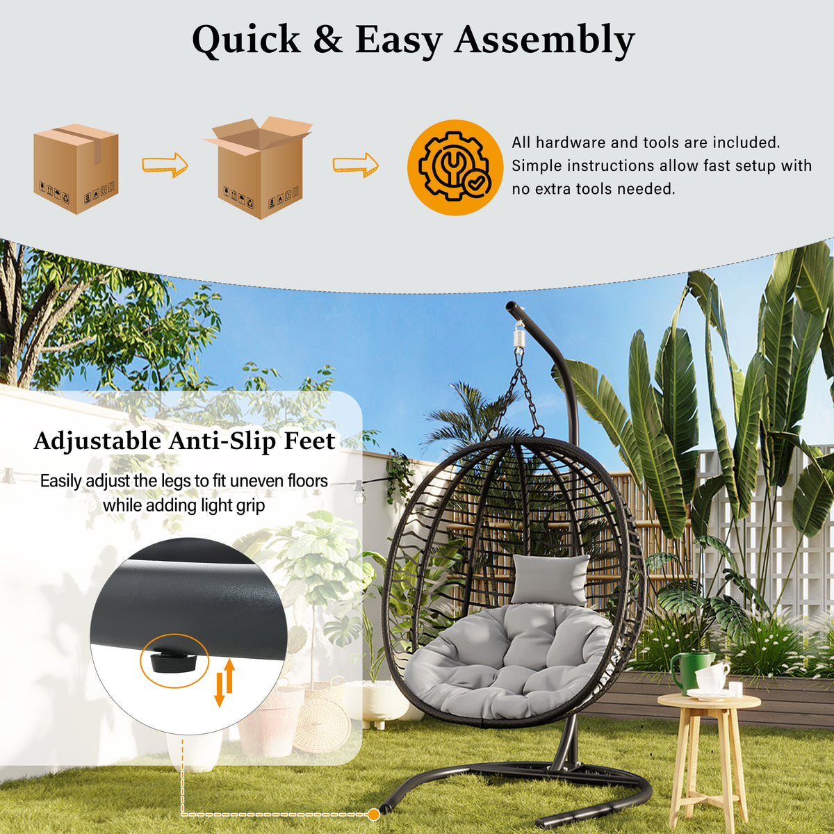 variant-group:rf-n711p389503e|Roomfitters Single Person Folding Egg Chair with Stand, UV Resistant Wicker Rattan Swing for Patio, Garden, Black+ Gray
